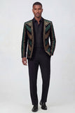Green Open Front Geometric Embroidered Men's Blazer