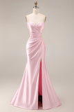 Pink Satin Mermaid Sweetheart Ruched Long Prom Dress with Slit