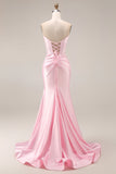 Pink Satin Mermaid Sweetheart Ruched Long Prom Dress with Slit