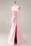 Pink Satin Mermaid Sweetheart Ruched Long Prom Dress with Slit
