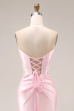 Pink Satin Mermaid Sweetheart Ruched Long Prom Dress with Slit