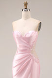 Pink Satin Mermaid Sweetheart Ruched Long Prom Dress with Slit