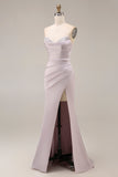Satin Mermaid Light Purple Sweetheart Ruched Beaded Long Prom Dress with Slit