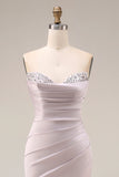 Satin Mermaid Light Purple Sweetheart Ruched Beaded Long Prom Dress with Slit