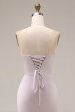 Satin Mermaid Light Purple Sweetheart Ruched Beaded Long Prom Dress with Slit