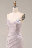 Satin Mermaid Light Purple Sweetheart Ruched Beaded Long Prom Dress with Slit