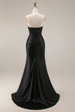 Satin Mermaid Black Sweetheart Sheer Corset Ruched Beaded Long Prom Dress with Slit