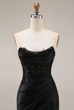 Satin Mermaid Black Sweetheart Sheer Corset Ruched Beaded Long Prom Dress with Slit
