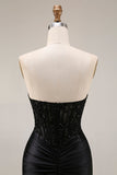 Satin Mermaid Black Sweetheart Sheer Corset Ruched Beaded Long Prom Dress with Slit