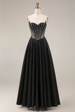 Satin A-Line Black Sweetheart Corset Long Prom Dress