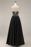 Satin A-Line Black Sweetheart Corset Long Prom Dress