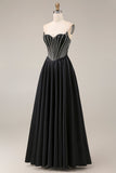 Satin A-Line Black Sweetheart Corset Long Prom Dress
