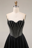 Satin A-Line Black Sweetheart Corset Long Prom Dress