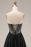 Satin A-Line Black Sweetheart Corset Long Prom Dress
