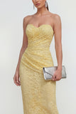 Yellow Sweetheart Ruched Bodycon Midi Dress with Slit