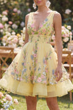 A-Line Yellow Tulle V-Neck Embroidered Mini Floral Dress