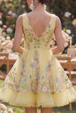A-Line Yellow Tulle V-Neck Embroidered Mini Floral Dress