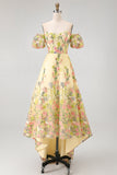 Yellow Off the Shoulder A-Line High Low Floral Embroidery Wedding Guest Dress with Puff Sleeves