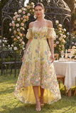 Off the Shoulder A-Line Yellow Tulle Embroidered Floral Dress with Puff Sleeves