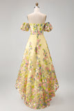 Off the Shoulder A-Line Yellow Tulle Embroidered Floral Dress with Puff Sleeves