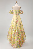 Yellow Off the Shoulder A-Line High Low Floral Embroidery Wedding Guest Dress with Puff Sleeves