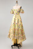 Yellow Off the Shoulder A-Line High Low Floral Embroidery Wedding Guest Dress with Puff Sleeves