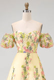 Yellow Off the Shoulder A-Line High Low Floral Embroidery Wedding Guest Dress with Puff Sleeves