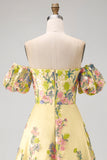 Off the Shoulder A-Line Yellow Tulle Embroidered Floral Dress with Puff Sleeves