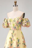 Yellow Off the Shoulder A-Line High Low Floral Embroidery Wedding Guest Dress with Puff Sleeves