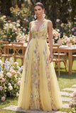 Pastel Yellow A Line V-Neckline Floral Embroidered Maxi Dress