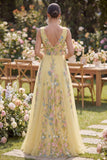Pastel Yellow A Line V-Neckline Floral Embroidered Maxi Dress
