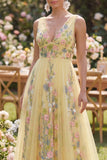 Pastel Yellow A Line V-Neckline Floral Embroidered Maxi Dress