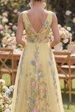 Pastel Yellow A Line V-Neckline Floral Embroidered Maxi Dress