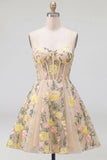 Champagne A Line Tulle Embroidered Corset Mini Cocktail Dress