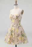 Champagne A Line Tulle Embroidered Corset Mini Cocktail Dress