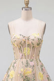 Champagne A Line Tulle Embroidered Corset Mini Cocktail Dress