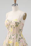 Champagne A Line Tulle Embroidered Corset Mini Cocktail Dress