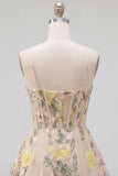 Champagne A Line Tulle Embroidered Corset Mini Cocktail Dress