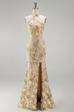 Mermaid Champagne Halter Neck Embroidered Long Floral Dress with Slit