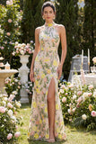 Mermaid Champagne Halter Neck Embroidered Long Floral Dress with Slit