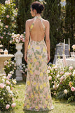 Mermaid Champagne Halter Neck Embroidered Long Floral Dress with Slit