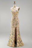 Mermaid Champagne Halter Neck Embroidered Long Floral Dress with Slit