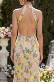 Mermaid Champagne Halter Neck Embroidered Long Floral Dress with Slit