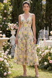 Tulle Champagne A-Line Embroidered V-Neck Midi Floral Dress