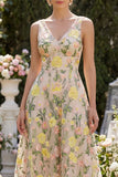 Tulle Champagne A-Line Embroidered V-Neck Midi Floral Dress