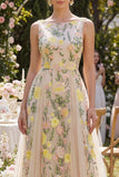 Champagne A-Line Tulle Bateau Neck Embroidered Long Floral Dress