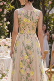 Champagne A-Line Tulle Bateau Neck Embroidered Long Floral Dress