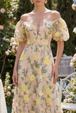 Tulle Off the Shoulder Champagne A-Line Embroidered Floral Midi Dress with Puff Sleeves