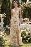 Mermaid Tulle Champagne Embroidered Long Floral Dress with Slit