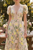 Champagne Tulle A-Line Embroidered V-Neck Floral Midi Dress with Puff Sleeves